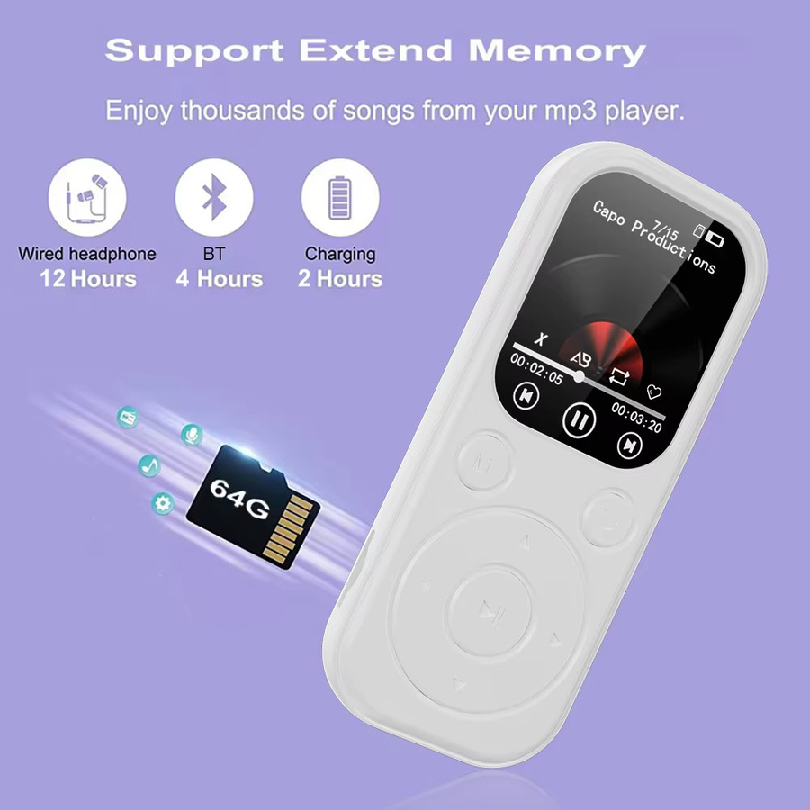 DMWING MP4-Videoplayer mit 1,8-Zoll-Touchscreen, Bluetooth 5.4, HiFi-Audio und FM-Radio, Weiß - Bild 2