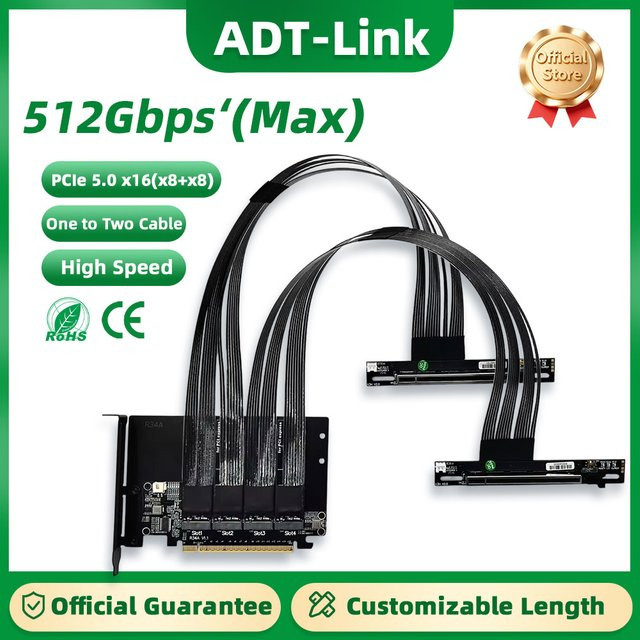 ADT-Link PCIe 5.0 x16 zu x8 Split-Verlängerungskabel in Schwarz für KI-Lokaleinsatzlösungen mit Unterstützung für Bifurkationsadapter - Bild 1
