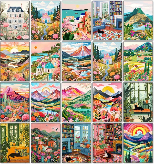 YUTTEE 5D DIY Diamantmalerei Cartoon Märchenwelt mit bunter Berglandschaft und Blumenhaus, Mosaik Stickerei Kunstdeko, Farbe: Mehrfarbig, B/H: 30 x 20 cm - Bild 1
