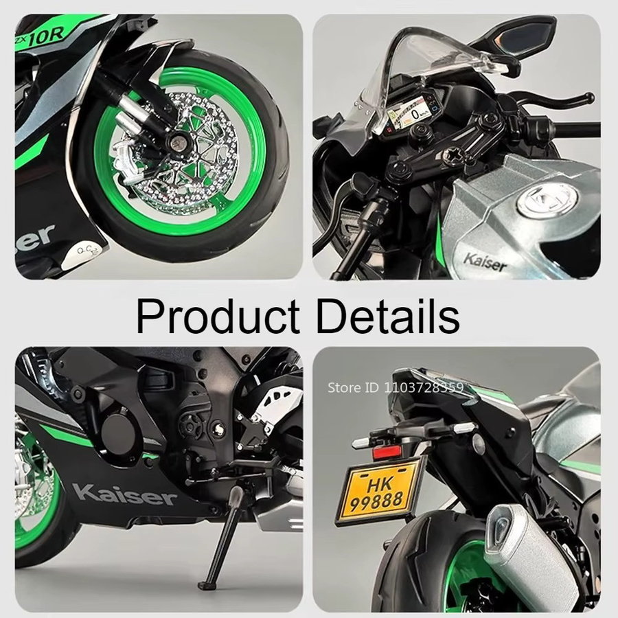 MAKEDA Kawasaki NIJIA ZX-10R KX450 Motorrad Modell, 1:12, Metall, mit Licht und Sound - Bild 3
