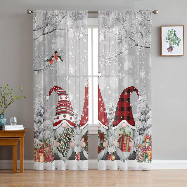 Weihnachtliche Tüll-Vorhänge mit Schneeszene und Wichteln in Grau, Transparent, Breite: 135 cm, Höhe: 115 cm - Bild 1