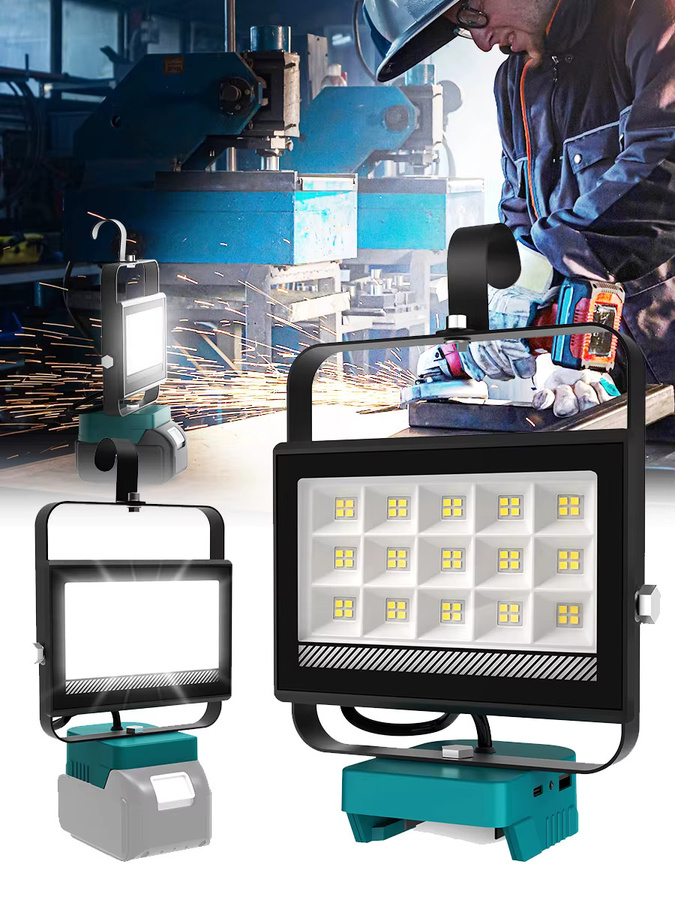 T-SUNRISE Tragbares 60-W LED-Arbeitslicht in Schwarz mit 6000 Lumen, verstellbarer Basis und Haken, wiederaufladbares LED-Flutlicht für Makita 18V-20V Li-Ionen-Akkus - Bild 7