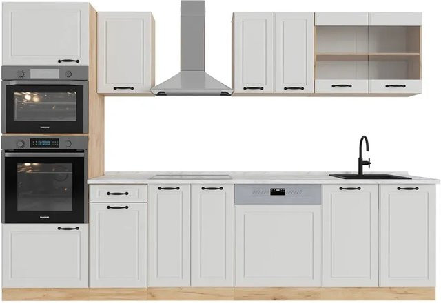 Vicco R-Line Küchenzeile Landhaus Weiß mit Hochschrank und Marmor-Arbeitsplatte B/T/H: 300 x 60 x 207 cm - Bild 1