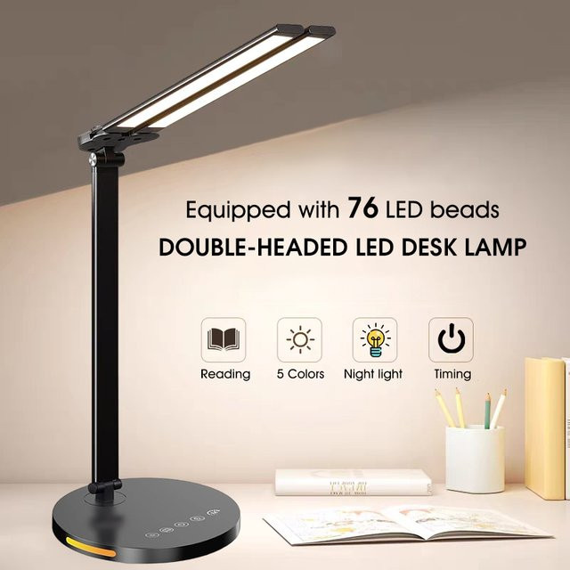 Mzvul LED-Schreibtischlampe mit einstellbarer Helligkeit und farblich dimmbarer Doppelkopf-Tischleuchte mit Typ-C-Schnittstelle - Bild 1