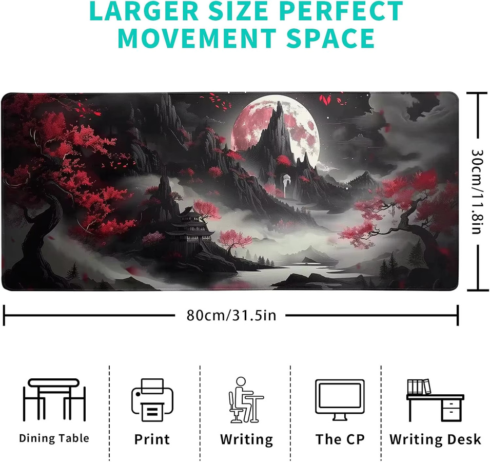 Japanisches rotes Vollmond-Mauspad mit schwarzem Riverside-Design für Gaming und Büro - Bild 2
