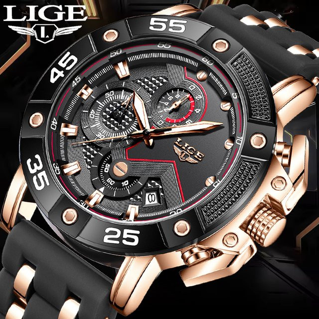 LIGE Chronograph, Quarz, Silber, Blau, Silikon, Herren - Bild 1