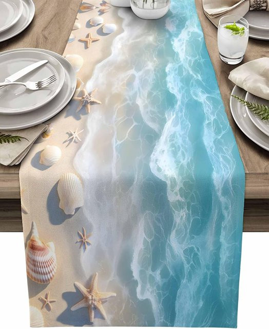 JINGYUE Pet Tischläufer aus Leinen in Blau mit Sommer-Strand- und Meeresmotiv, B/H: 150 x 33 cm - Bild 1