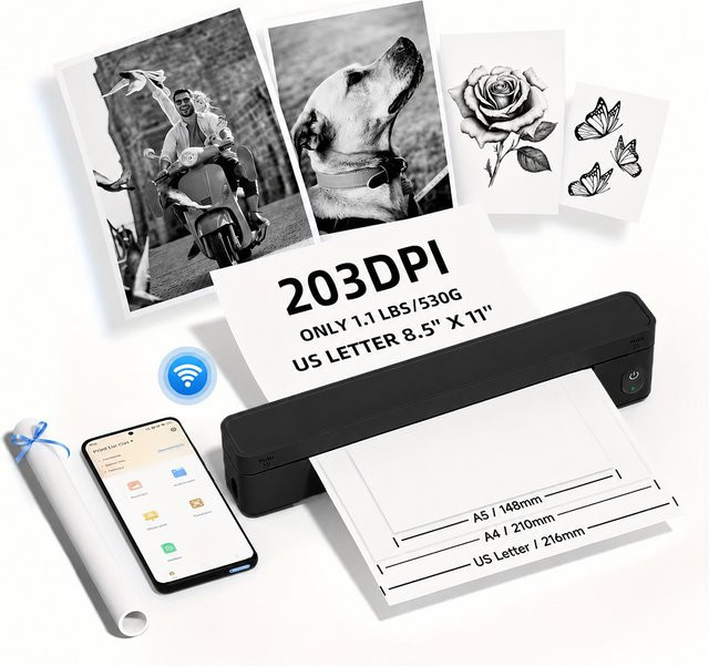 POLONO A10a Tragbarer Thermodrucker in Schwarz, tintenloser Drucker für A4 und US Letter, kompatibel mit Smartphone, Tablet und Laptop - Bild 1