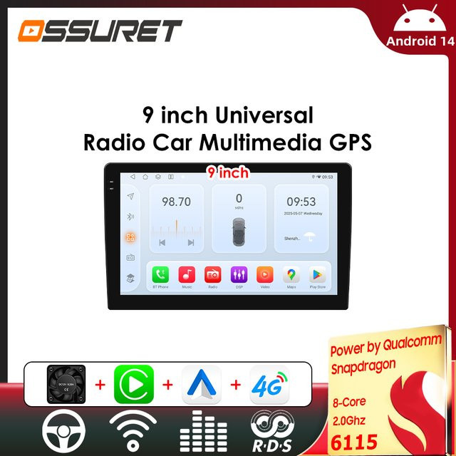 OSSURET 9-Zoll Android 14 Autoradio mit Snapdragon 6115, Universal 2DIN Multimedia-Player mit Wireless Carplay, Bluetooth und GPS, Schwarz - Bild 1