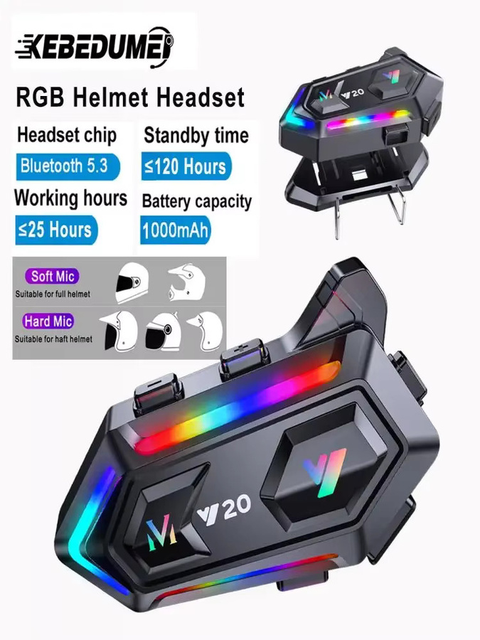 kebidumei Y20 Bluetooth-Motorradhelm-Headset mit RGB-Beleuchtung, HD-Stereo und Geräuschunterdrückung in Schwarz/Multicolor - Bild 6