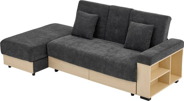 Merax Schlafsofa Cord in Grau mit Oval Design und L-Form inklusive Dekokissen und Getränkehalter, B/T/H: 217 x 174 x 90 cm - Bild 1