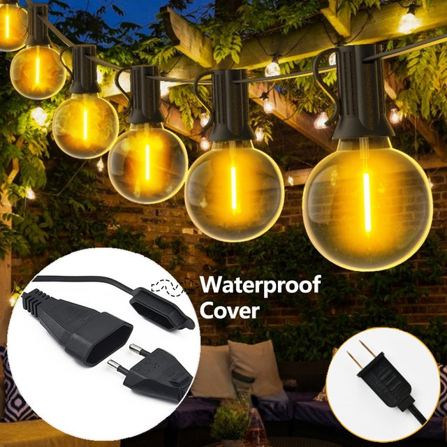 Burhui Outdoor-Lichterkette mit transparenten Kugelbirnen in Warmweiß für Garten, Hochzeit und Weihnachten - Bild 1