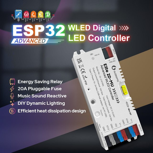 GLEDOPTO Elite ESP32 WLED-Streifen-Controller für adressierbare RGBIC-LED-Streifen mit Mikrofon- und Tonreaktivität, WiFi und energiesparendem Relais, Farbe: Weiß - Bild 1