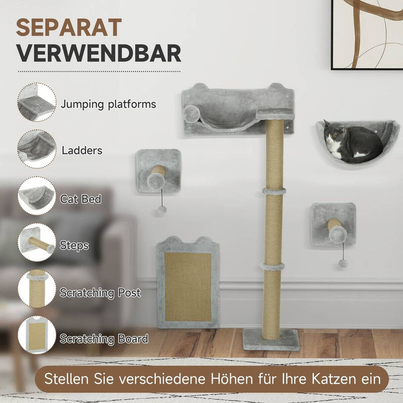 PawHut Katzen Kletterwand 5-teilig aus Polyester in Hellgrau mit Hängematte und integriertem Spielzeug für Katzen bis 5 kg - Bild 4