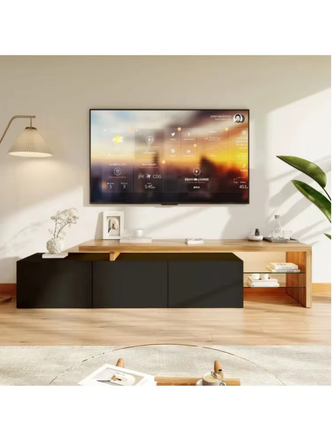 Rosahqnda TV-Schrank in Schwarz mit Hochglanz-Glasregalen und 3 Schubladen, modernes TV-Lowboard mit integrierter Beleuchtung, B/T/H: 200 x 39 x 42 cm - Bild 4