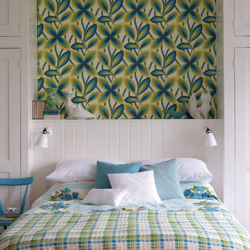 Little Greene Tapete Starflower Peacock in Türkis und Multicolour mit floralem Botanical-Design im Retro-Stil - Bild 3