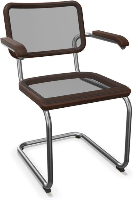 Thonet S 64 N Freischwinger mit Armlehnen in Schwarz und Braun aus Kunststoff-Netzgewebe und verchromtem Rundrohr - Bild 1