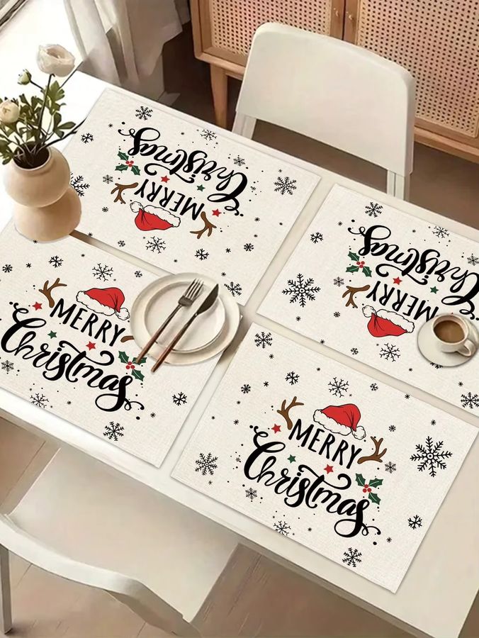 JIT Tischläufer aus Leinen mit Schneeflocken, Weihnachtsmütze und Holly-Design für deine Weihnachtsdekoration - Bild 4