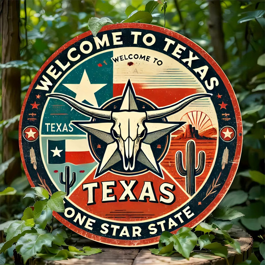 Potdemiel Rundes Aluminiumschild Texas Unabhängigkeit Star State Vintage Wandkunst, Durchmesser: 20 cm, Mehrfarbig - Bild 3