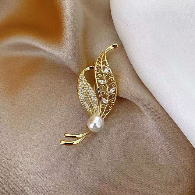 YIRAN Jewelry Brosche, Blatt, Diamant, Perlen, Damen, brown - Bild 1