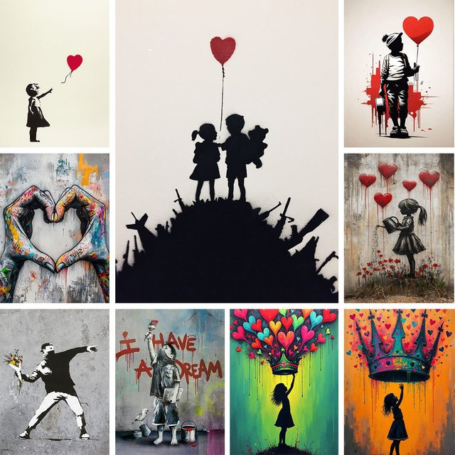 Banksy Kunst Mädchen und Herz 5D Diamant Malerei Pop Art Graffiti DIY Mosaik Wandaufkleber mit runden Steinen - Bild 1
