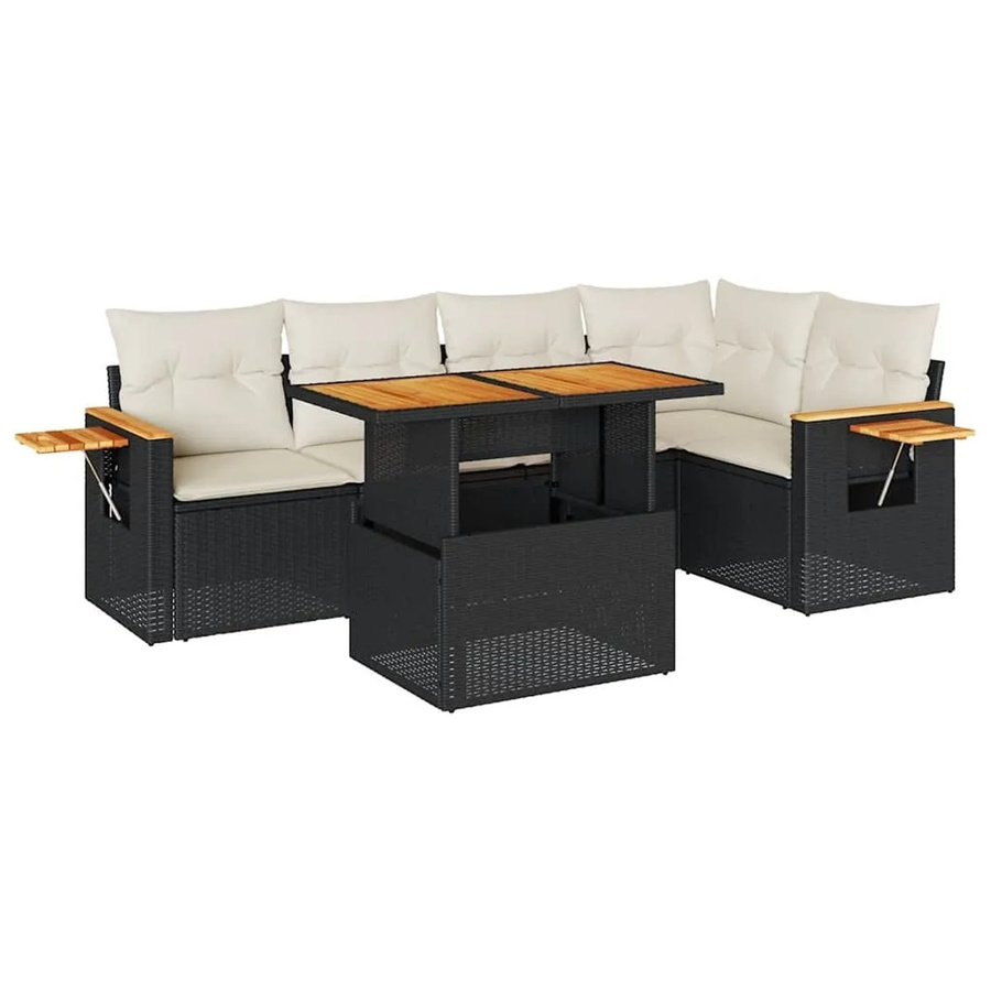 vidaXL 6-teilige Garten-Sofagarnitur in L-Form aus Poly-Rattan und Akazienholz mit Tisch und Kissen in Schwarz und Cremeweiß - Bild 2