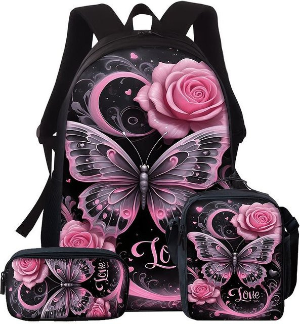 3er Set Rucksack mit Katzen-Schmetterlings-Muster von Fancy Style Studio in Pink inklusive Umhängetasche und Federmäppchen - Bild 1