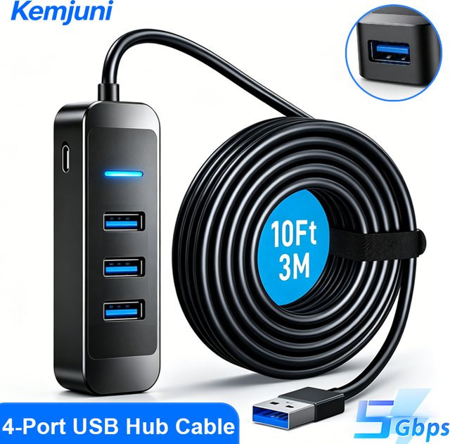 Kemjuni USB 3.0 Hub 4-Port USB-Verlängerungskabel in Schwarz mit 3m Kabellänge für Desktop-Computer, Laptops, Mac und Windows mit 5GBPS Übertragungsrate - Bild 1
