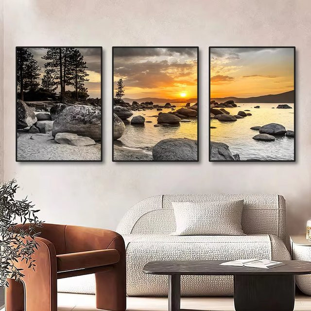 3-teiliges Set Rahmenlose Leinwandgemälde Sonnenuntergang am Meer, Naturlandschaft Wandkunst in Multicolour von Potdemiel - Bild 1