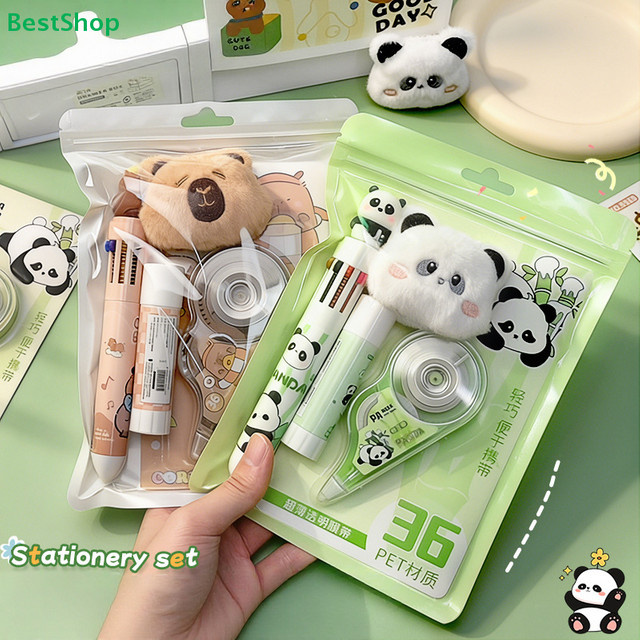 Niedliches Panda- und Capybara-Plüsch-Schreibwarenset mit Korrekturband und Stiften in Multicolour - Bild 1
