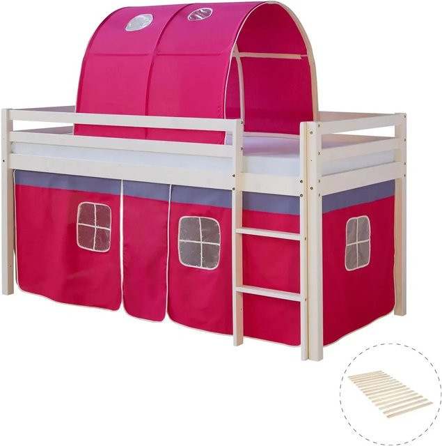 Homestyle4u Hochbett aus Kiefernholz mit Vorhang und Tunnel in Weiß, B/T/H: 90 x 200 x 175 cm - Bild 1