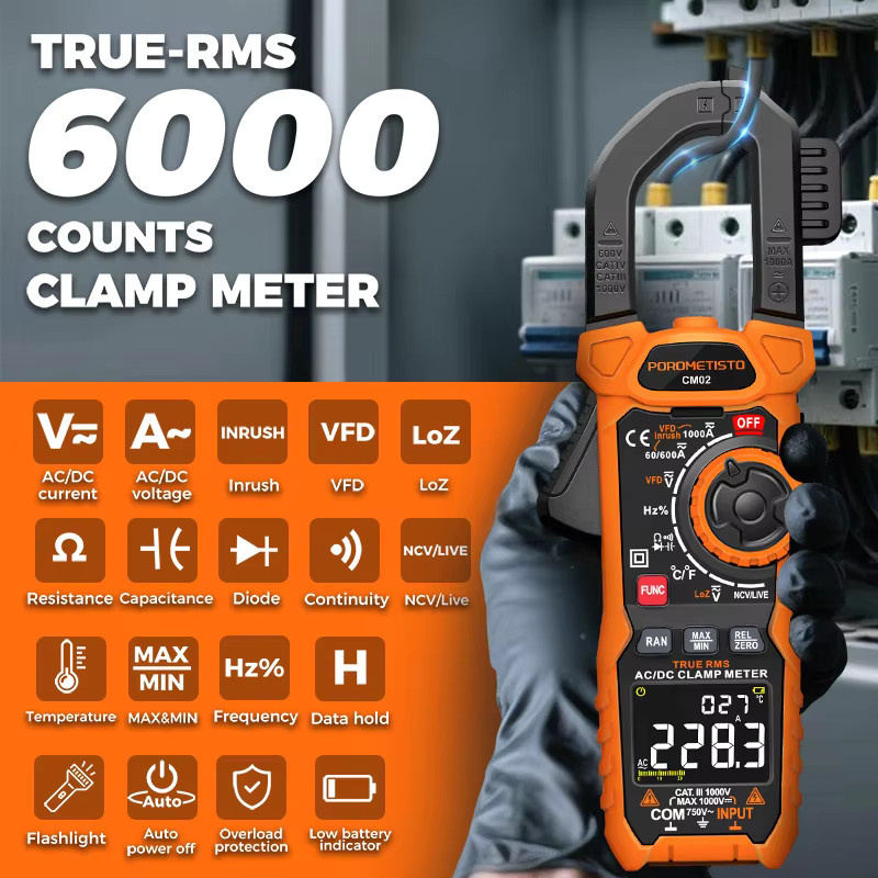 POROMETISTO Digitales Zangenmessgerät CM02 in Orange mit True RMS, 6000 Zählungen, 1000 A AC/DC, Kapazität, Temperatur, NCV, Ohm und Hz-Tester - Bild 2