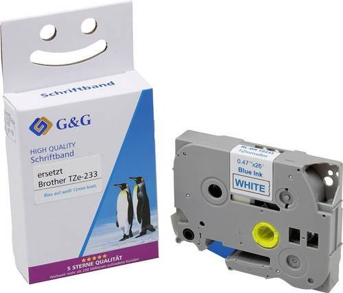 G&G Beschriftungsband BB-B-G-233 kompatibel mit Brother TZe-233, Breite: 12 mm, Länge: 8 m, Farbe: Weiß mit blauer Schrift - Bild 1