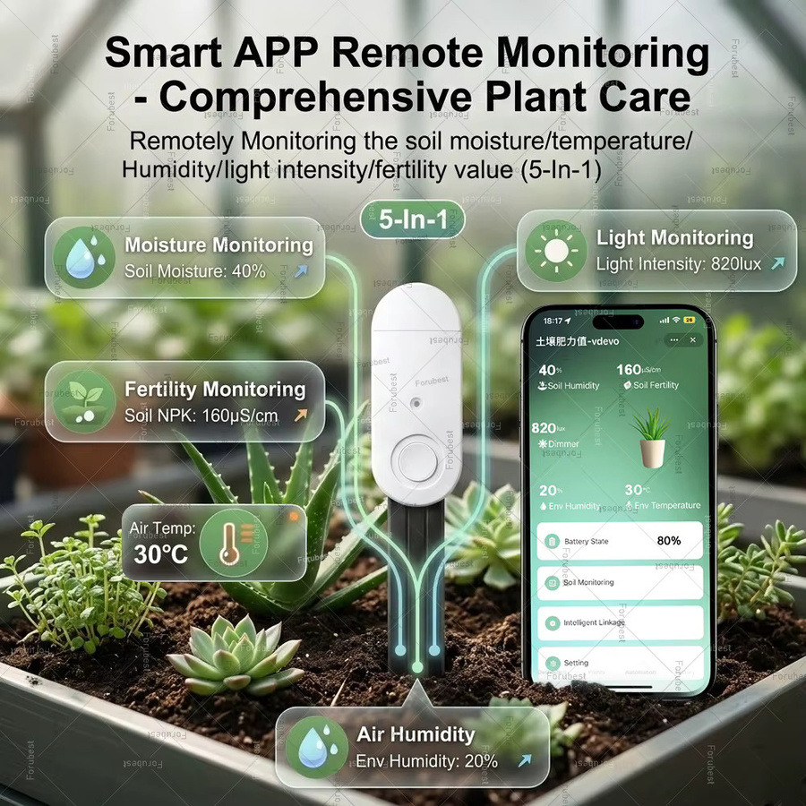 Forubest Zigbee Pflanzenboden-Sensor zur Messung von Bodenfeuchtigkeit, Lichtstärke, Fruchtbarkeit, Luftfeuchtigkeit und Temperatur in Weiß für Tuya Home Assistant Z2M - Bild 2