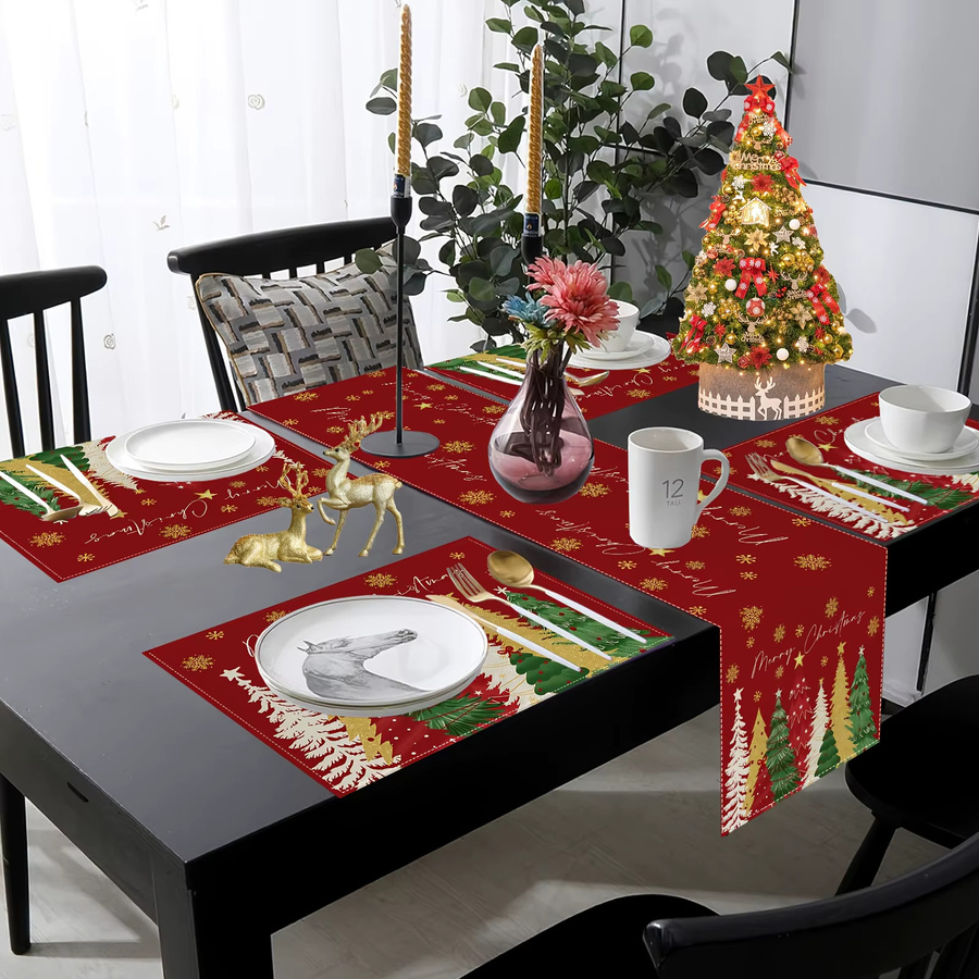 JIT Tischläufer Weihnachtsbaum und Schneeflocken Design in Rot, rechteckig aus Leinen - Bild 2