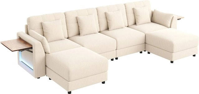 Merax Ecksofa in U-Form mit LED-Beleuchtung und Hocker aus beige Chenille Stoff, B/T/H: 292 x 135 x 82 cm - Bild 1
