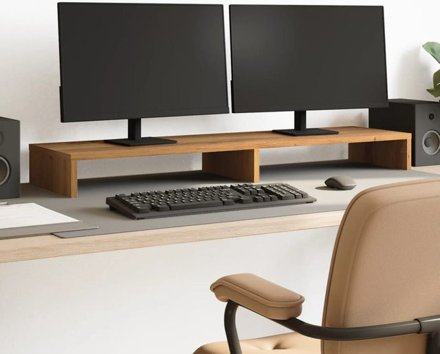 Handgefertigter Monitorständer aus Eichenholz in Braun mit Ablagefach, ergonomischer Bildschirmständer und Schreibtisch-Organizer, B/T/H: 100 x 27 x 10 cm - Bild 1