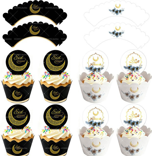 24 Stück Cupcake Wrapper Ramadan Kareem Eid Mubarak Kuchen Deko in Schwarz und Weiß - Bild 1
