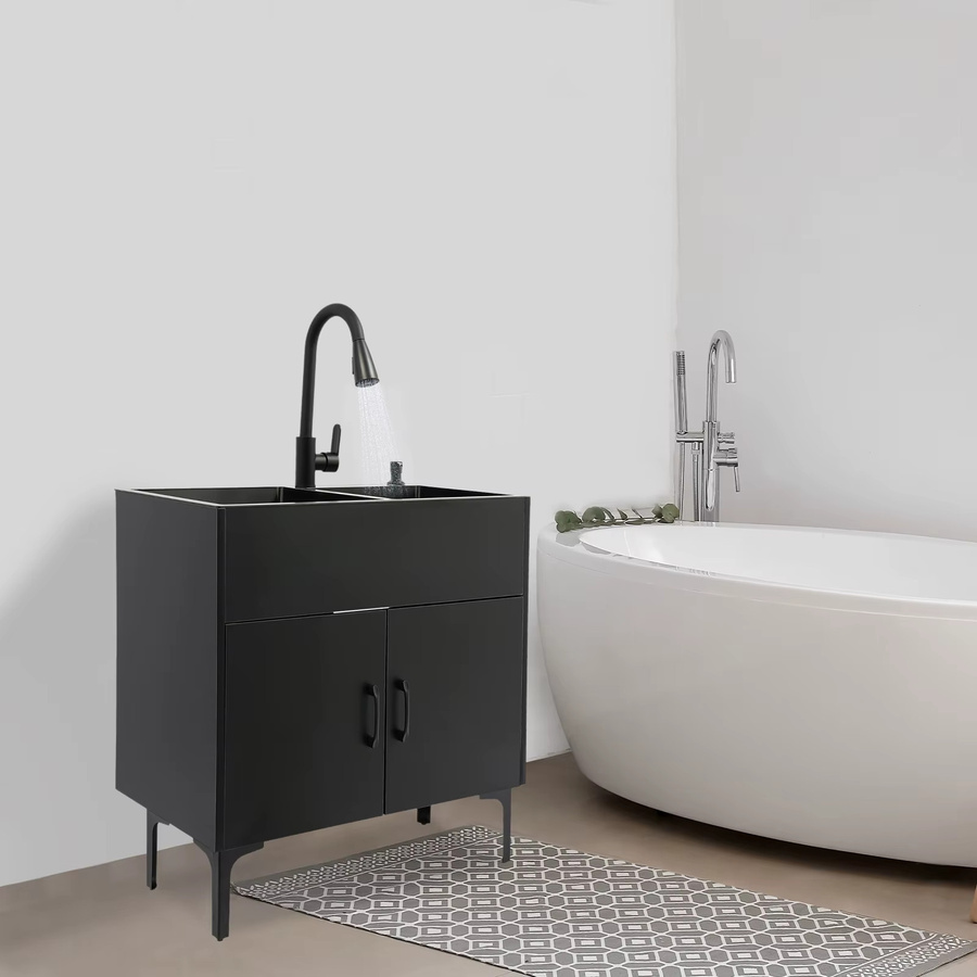 Bymaocar Waschbecken-Schrank mit Edelstahl-Waschbecken in Schwarz Matt, freistehendes Spülbecken für Badezimmer und Küche, Breite: 76,2 cm - Bild 3