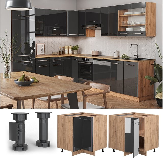 Vicco Eckunterschrank Fame-Line Küchenschrank in Eiche und Anthrazit Hochglanz mit Softclose-Scharnieren und Einlegeboden, Breite: 87 cm - Bild 1