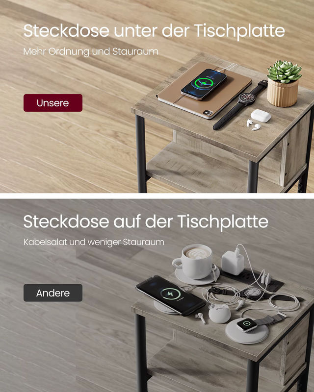 VASAGLE Beistelltisch mit Steckdose und USB-Anschlüssen im Industrial Design, Schwarz-Braun, B/T/H: 30 x 34 x 58 cm - Bild 3
