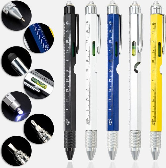 9-in-1 Metall Multi Tool Stift in Gelb mit LED Licht, Wasserwaage, Schraubendreher, Lineal und Kugelschreiber für Outdoor und Holzbearbeitung - Bild 1