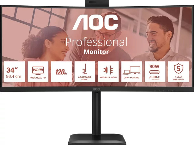 AOC CU34E4CW LED-Monitor 86,4 cm (34 Zoll) gebogen, QHD 1440p, VA-Panel, USB-C, Schwarz - Bild 1