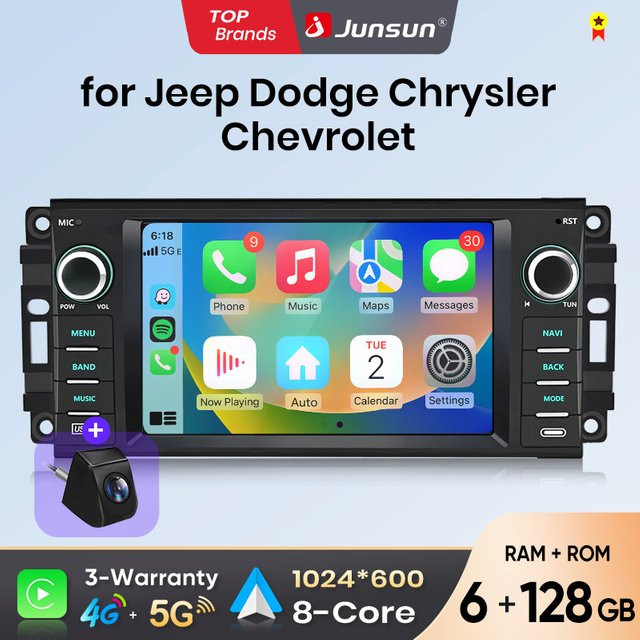 Junsun 7-Zoll CarPlay und Android Auto Autoradio für Jeep Wrangler, Dodge Grand Cherokee, Chrysler 300C, Patriot, Command, Caliber und Challenger, kabelloses Multimedia-System mit Bluetooth in Schwarz - Bild 1