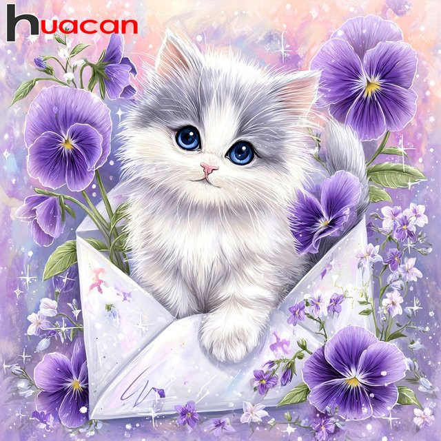 Huacan 5D DIY Diamantmalerei Set mit Katzen- und Blumenmotiv, Multicolor, B/H: 20 x 20 cm - Bild 1