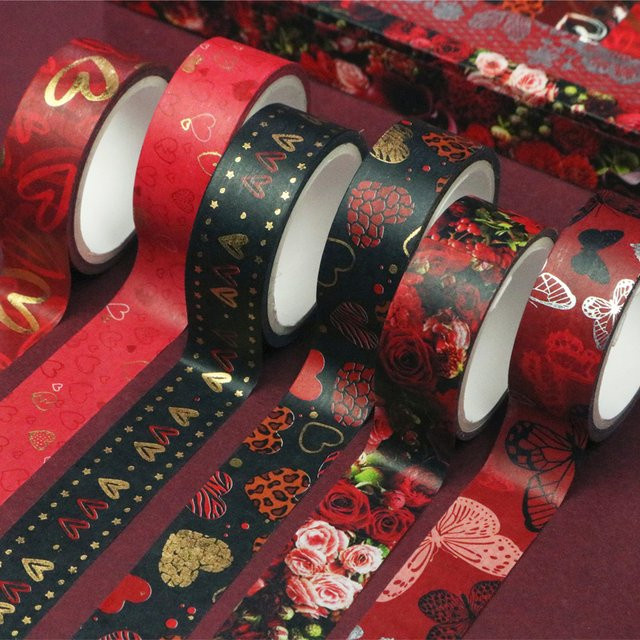 9 Rollen Goldfolien-Washi-Tape mit Herz- und Schmetterlingsmustern für Scrapbooking und DIY-Bastelarbeiten in Gold - Bild 1