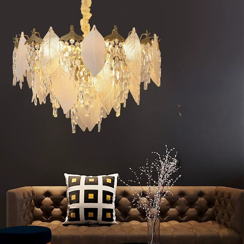 JIANKEXING Kristall-Pendelleuchte in Blatt-Form, Gold/Messing, Transparent, Warmweißes Licht für Wohnzimmer, Schlafzimmer und Küche - Bild 5