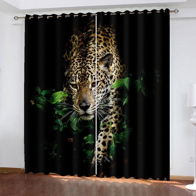 A Family Of Home Textiles Verdunkelungsvorhänge mit Leoparden- und Tigermotiv in Schwarz, 2 Paneele, Breite: 50 cm, Höhe: 130 cm - Bild 1