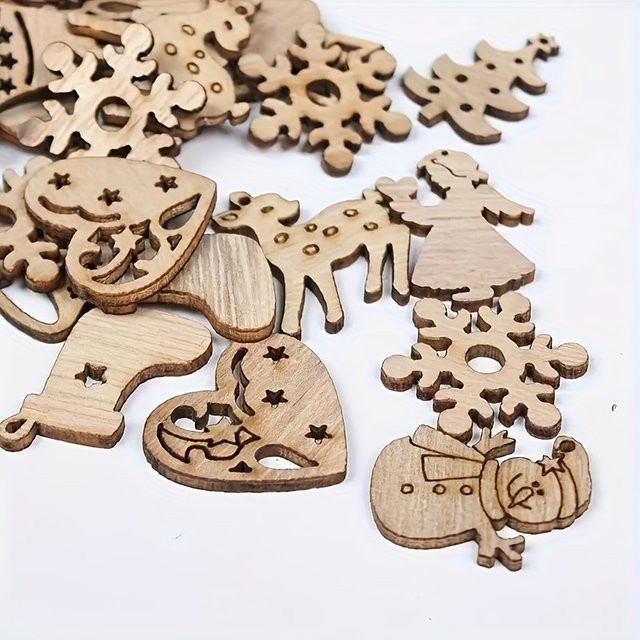 50 Stück DUTRIEUX Weihnachtsschmuck aus Holz in Braun mit Rentier, Glocke, Schneeflocke und Socken zum Aufhängen für deine festliche Dekoration - Bild 1