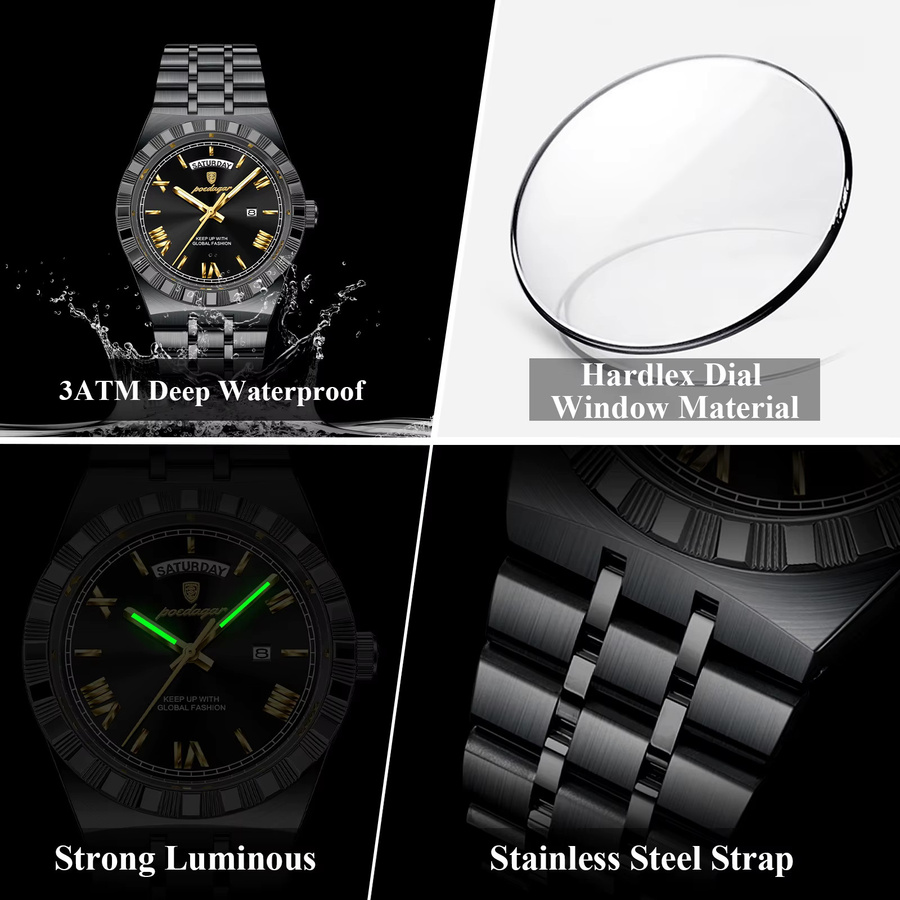 POEDAGAR Armbanduhr Quarz, Edelstahl, Schwarz, Silber, Herren - Bild 4